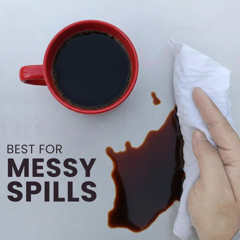 Cleaning coffee spill with Premium Exact Cut White T Shirt Cleaning Rags Ten Pack 20x20 Inches Super Absorbent Cotton Rags For Mechanic Shops