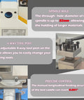 Heavy Duty 7X14 Inch Mini Metal Lathe With Variable Speed Control And Brushless Motor showing spindle hole and 4-way tool post features.
