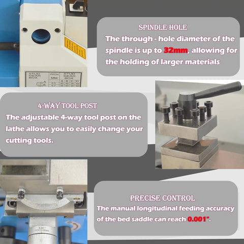 Heavy Duty 7X14 Inch Mini Metal Lathe With Variable Speed Control And Brushless Motor showing spindle hole and 4-way tool post features.