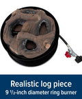 Realistic log piece with 9.5-inch diameter ring burner, part of Big Red Portable Propane Campfire Pit Tabletop Heater For Camping And Tailgating, 13.25 Inch Fire Bowl With 65,000 BTU Per Hour, Includes 10 Foot Hose, Outdoor Patio Fire Pit Red.