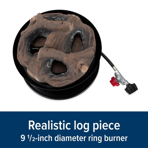 Realistic log piece with 9.5-inch diameter ring burner, part of Big Red Portable Propane Campfire Pit Tabletop Heater For Camping And Tailgating, 13.25 Inch Fire Bowl With 65,000 BTU Per Hour, Includes 10 Foot Hose, Outdoor Patio Fire Pit Red.