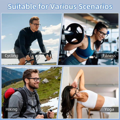 People using Anti Slip Eyeglass Ear Grips And Silicone Ear Cushions For Ray Ban Meta Wayfarer Skyler Headliner Gen 2 Smart Glasses while cycling, gym, hiking, and yoga.