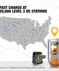 Map highlighting 20,000 DC fast charging stations for electric vehicles with CCS1 to NACS adapter visible, promoting quick charging.