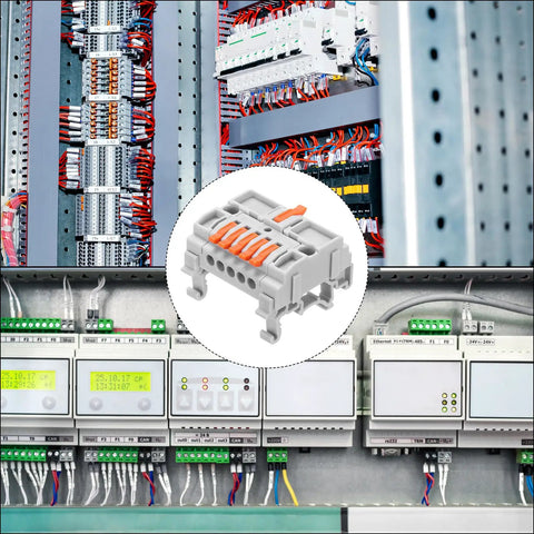 Eight Pack Din Rail Terminal Blocks Featuring Quick Connect Wire Splices For No Sweat Circuit Rigging At 32 Amps in electrical panel.