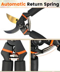8.5 Inch Pruning Shears With Titanium Coated Japanese SK5 Steel Blade for heavy duty garden pruning, focus on spring mechanism