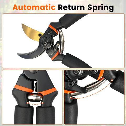 8.5 Inch Pruning Shears With Titanium Coated Japanese SK5 Steel Blade for heavy duty garden pruning, focus on spring mechanism
