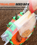 Hand Push Seeder With Visible Seed Hopper Equidistant 10 Stainless Steel Duckbill Seed Dispenser showing seed distribution