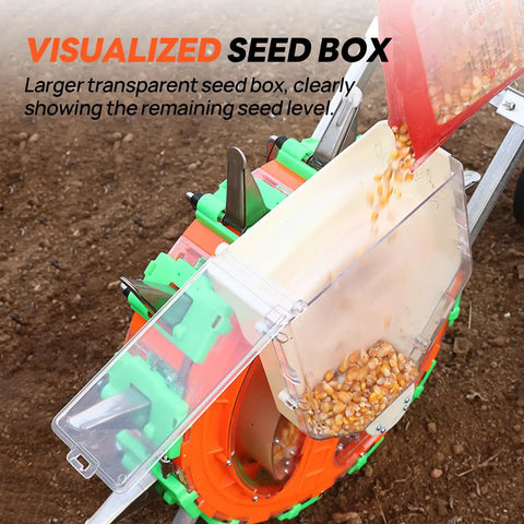 Hand Push Seeder With Visible Seed Hopper Equidistant 10 Stainless Steel Duckbill Seed Dispenser showing seed distribution