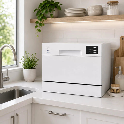 Top Notch Compact Countertop Dishwasher Fits Right Into Any Kitchen scrubbing dishes clean hassle free in a modern kitchen.