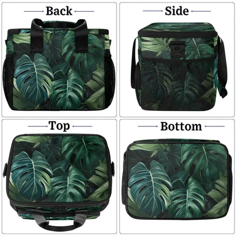 Green Palm Leaf Insulated Picnic Backpack Lunch Bag for women and men portable cooler showing front, side, top, bottom views.