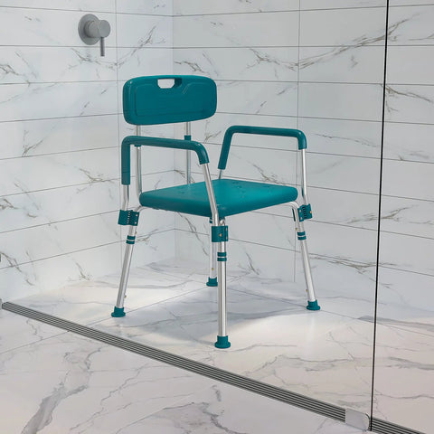 HERCULES Series Teal Bath And Shower Chair, 300 LB Capacity, Adjustable With Quick Release Back And Arms, Converts To Backless Stool, Safe ANSI BIFMA X5.1-17 Shower Seat For Elderly And Post Surgical