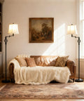 Living room with two dimmable LED pharmacy floor lamps and a brown sofa, showcasing the adjustable height and 350° swing arm feature.
