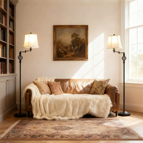 Living room with two dimmable LED pharmacy floor lamps and a brown sofa, showcasing the adjustable height and 350° swing arm feature.