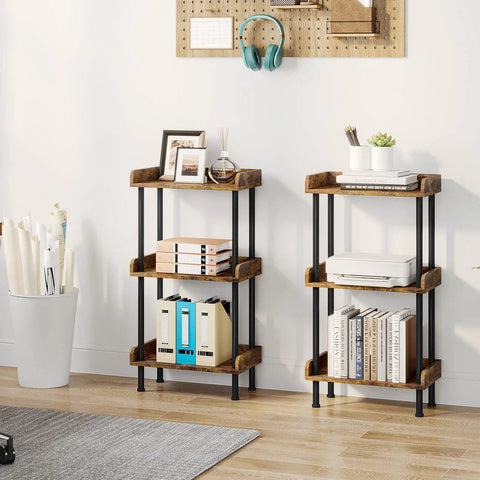 Small Three Tier Wooden Bookshelf With Totally Sturdy Frame And Rounded Safety Corners For Home Office, Rustic Brown Finish.
