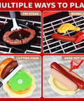 Kids BBQ Grill Playset With Smoke Sound And Lights showing steak, barbecue, burger, and hot dog accessories on grill