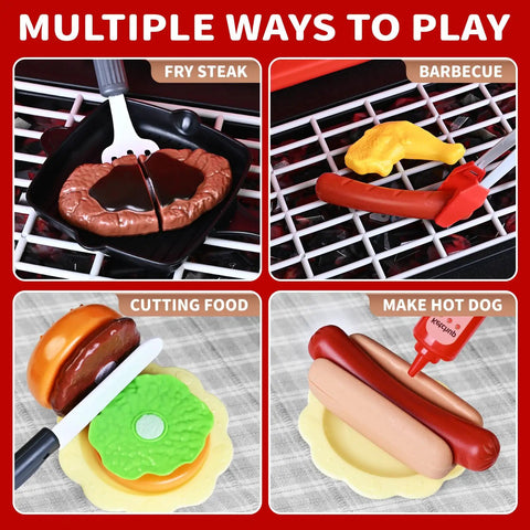 Kids BBQ Grill Playset With Smoke Sound And Lights showing steak, barbecue, burger, and hot dog accessories on grill