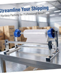 Manual Stretch Film Dispenser For Cargo Packaging And Wrapping Supplies With Durable Metal Plastic Assembly, Lightweight Design, Easy To Use Roll Holder, Reduces Collision Damage, Protects Goods During Shipping And Storage on warehouse table