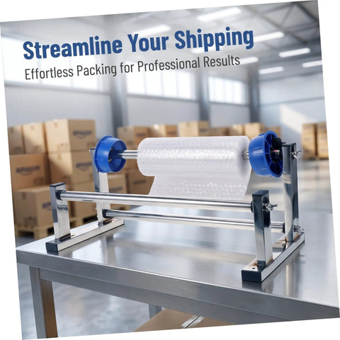 Manual Stretch Film Dispenser For Cargo Packaging And Wrapping Supplies With Durable Metal Plastic Assembly, Lightweight Design, Easy To Use Roll Holder, Reduces Collision Damage, Protects Goods During Shipping And Storage on warehouse table