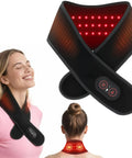 Portable Heated Neck Massager Wrap With 3 Heat Levels and Vibration Modes on a smiling woman, showing red LED lights in use.