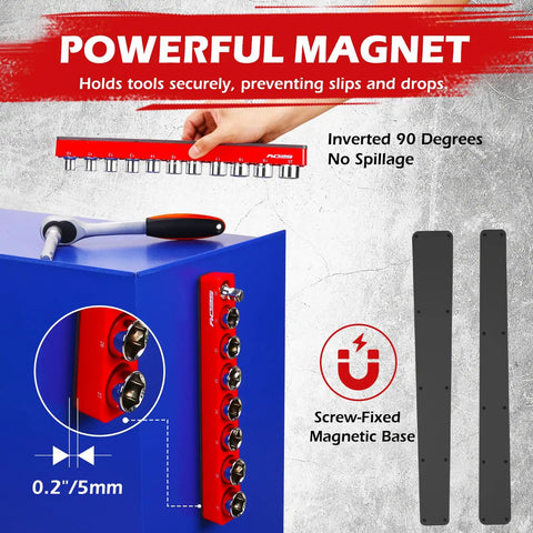 Two Piece Half Inch Drive Metric Magnetic Socket Organizer Set Holds Nineteen Sockets With Detachable Tool Tray And 5mm Magnetic Base Built Tough For Garage And Home Workshop showing powerful magnet use.