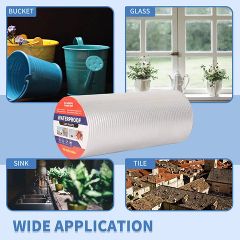 Tough As Nails Heavy Duty Aluminum Foil Butyl Tape With Adhesive, 12 Inch Wide By 32.8 Feet Long, shown with buckets, glass, sink, and tiles
