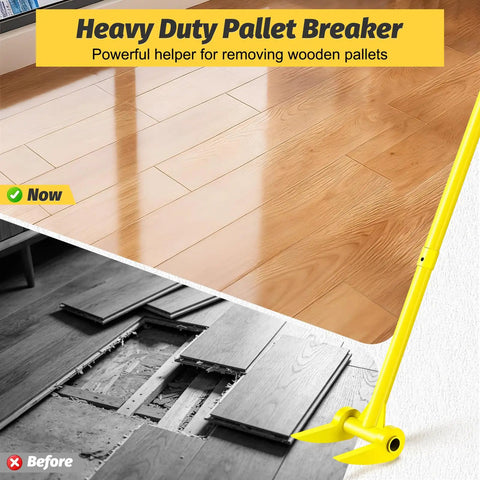 48 Inch Pallet Buster Heavy Duty Pry Bar With 110 Degree Deck Board Removal Tool Built From Carbon Steel To Tear Through Decks Pallets And Standing Hardwood Demolition And Save Your Back And Knees On Tough Jobs, yellow pry bar shown beside torn deck boards