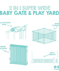 Illustration of Super Wide Baby Gate And Play Yard For Large Openings Expands To 192 Inches, showing features and setup options