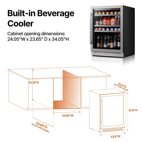 24 Inch Beverage Refrigerator With Glass Door For Home Kitchen Holds 140 To 180 Cans Temperature Range 34 To 54 F Built In Or Freestanding Cooler diagram and measurements
