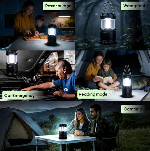 Bright 360 Degree COB LED Camping Lantern Powered by Batteries Portable Hanging Collapsible Light in various use settings