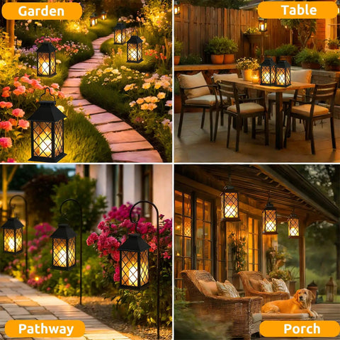 Garden, pathway, table, and porch with 2-Pack 14-Inch Large Tempered Glass Solar Lanterns Outdoor Waterproof Hanging Lights.