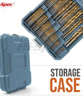 Front view of Hi-Spec 99pc SAE HSS drill bit set in blue storage case with organized bits