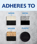 Rust-Oleum Painter’s Touch 2X spray paint, 12 oz, ultra matte black; shows adhesion to wood, metal, wicker, plastic.