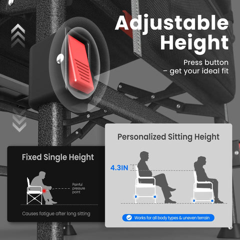 Foldable Camping Director Chair With Adjustable Height button for personalized sitting, showing red button for easy adjustment.
