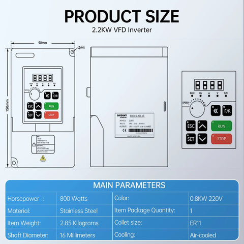 Beast Two Point Two KW Air Cooled CNC Spindle Motor ER20 110V With VFD Inverter 24000 RPM specifications and dimensions