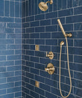 90 Degree Wall Elbow For Handheld Shower In Champagne Bronze Lumicoat Finish installed on blue tiled wall