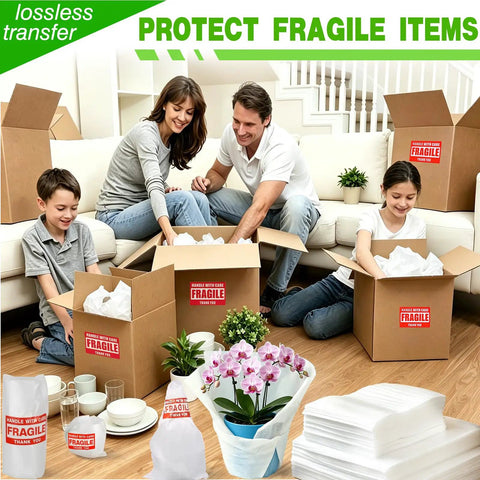 Family using Moving Day Dish Packing Set With 200 Foam Pouches And Sheets In 4 Sizes, 250 Fragile Stickers, And Marker Pen for packing.