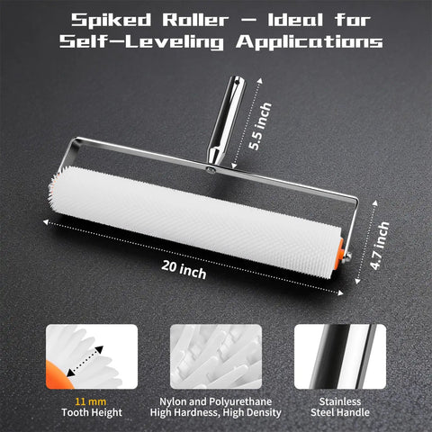 20 Inch Self Leveling Spiked Roller Kit With Telescopic Handle For Epoxy And Concrete Leveling, roller dimensions displayed
