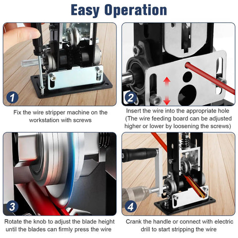 Manual Wire Stripper Machine For 0.06 To 1 Inch Wires, dual operation use, steps showing hand crank or drill powered setup