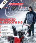 Person using Heavy Duty Bluetooth Hearing Protection Headphones With 6.0 Tech while operating a snowblower, winter setting.
