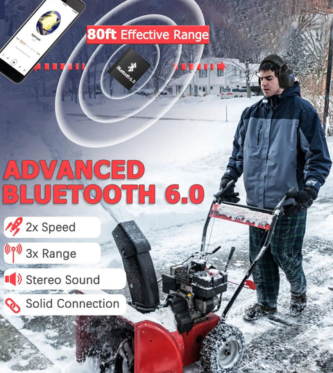 Person using Heavy Duty Bluetooth Hearing Protection Headphones With 6.0 Tech while operating a snowblower, winter setting.