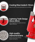 Diamond Core Drill Bit Set 12 Piece For Porcelain Ceramic Tile Marble Granite Dry And Wet Drilling With Finger Milling Bit Beveling Chamfer Bit And SDS Adapter Includes 6mm 8mm 20mm 25mm 35mm 50mm 75mm And 100mm Core Bits features cooling wax, lightning teeth design, and high-quality diamond grains for efficiency and durability.