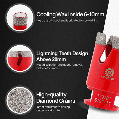 Diamond Core Drill Bit Set 12 Piece For Porcelain Ceramic Tile Marble Granite Dry And Wet Drilling With Finger Milling Bit Beveling Chamfer Bit And SDS Adapter Includes 6mm 8mm 20mm 25mm 35mm 50mm 75mm And 100mm Core Bits features cooling wax, lightning teeth design, and high-quality diamond grains for efficiency and durability.