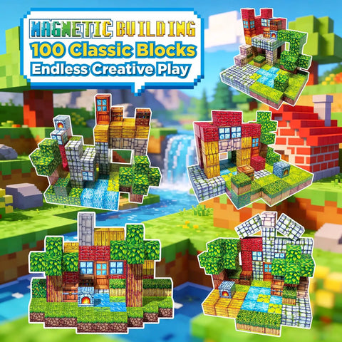 Magnetic Blocks Kit For Kids 100 Piece STEM Montessori Building Tiles Set with 17 block types in colorful forest cabin builds