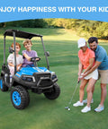 Big Kid Approved 24V Electric Ride On Car Crew Ready 4 Seater Kids Golf Cart with children enjoying a sunny day on grass.