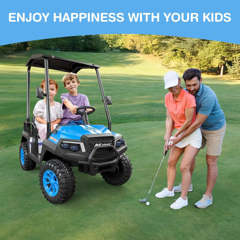 Big Kid Approved 24V Electric Ride On Car Crew Ready 4 Seater Kids Golf Cart with children enjoying a sunny day on grass.
