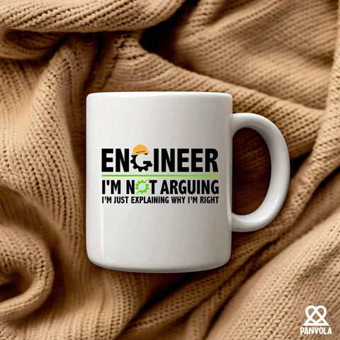 Not Arguing Im Just Explaining Why Im Right Engineer Gift Mug For Coffee Lovers 11 oz ceramic white mug on brown fabric