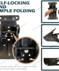 Close-up of Heavy Duty Fold Down Hinges Built Tough Self Locking Leg Brackets corner supports with spring mechanism.