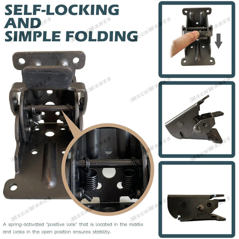 Close-up of Heavy Duty Fold Down Hinges Built Tough Self Locking Leg Brackets corner supports with spring mechanism.