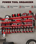 48 Inch Wall Mounted Power Tools Organizer Rack With Four Shelves Side Hooks And Drill Holders Heavy Duty Garage Workshop Storage For Up To 12 Tools Red, filled with various tools in a garage setting.