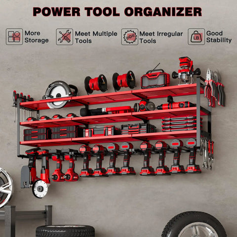 48 Inch Wall Mounted Power Tools Organizer Rack With Four Shelves Side Hooks And Drill Holders Heavy Duty Garage Workshop Storage For Up To 12 Tools Red, filled with various tools in a garage setting.